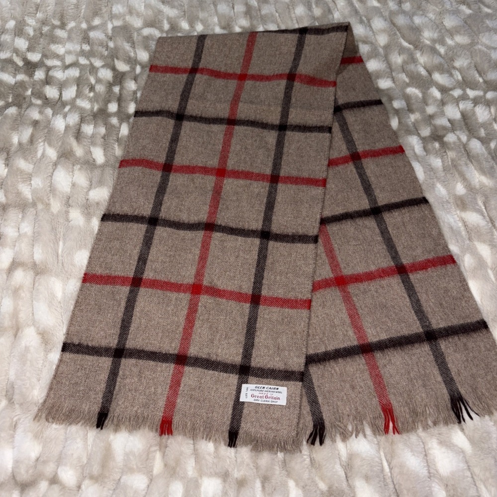 Vintage Glen Cairn Scarf 100% pure merino wool Made In Great Britain Brown Plaid